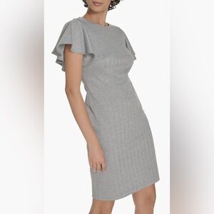 TOMMY HILFIGER FLUTTER SLEEVE HERRINGBONE SHEATH DRESS WOMENS LIGHT GRAY SIZE 8